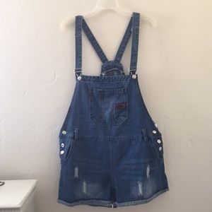 Distressed Raw Hem Denim Overall Romper